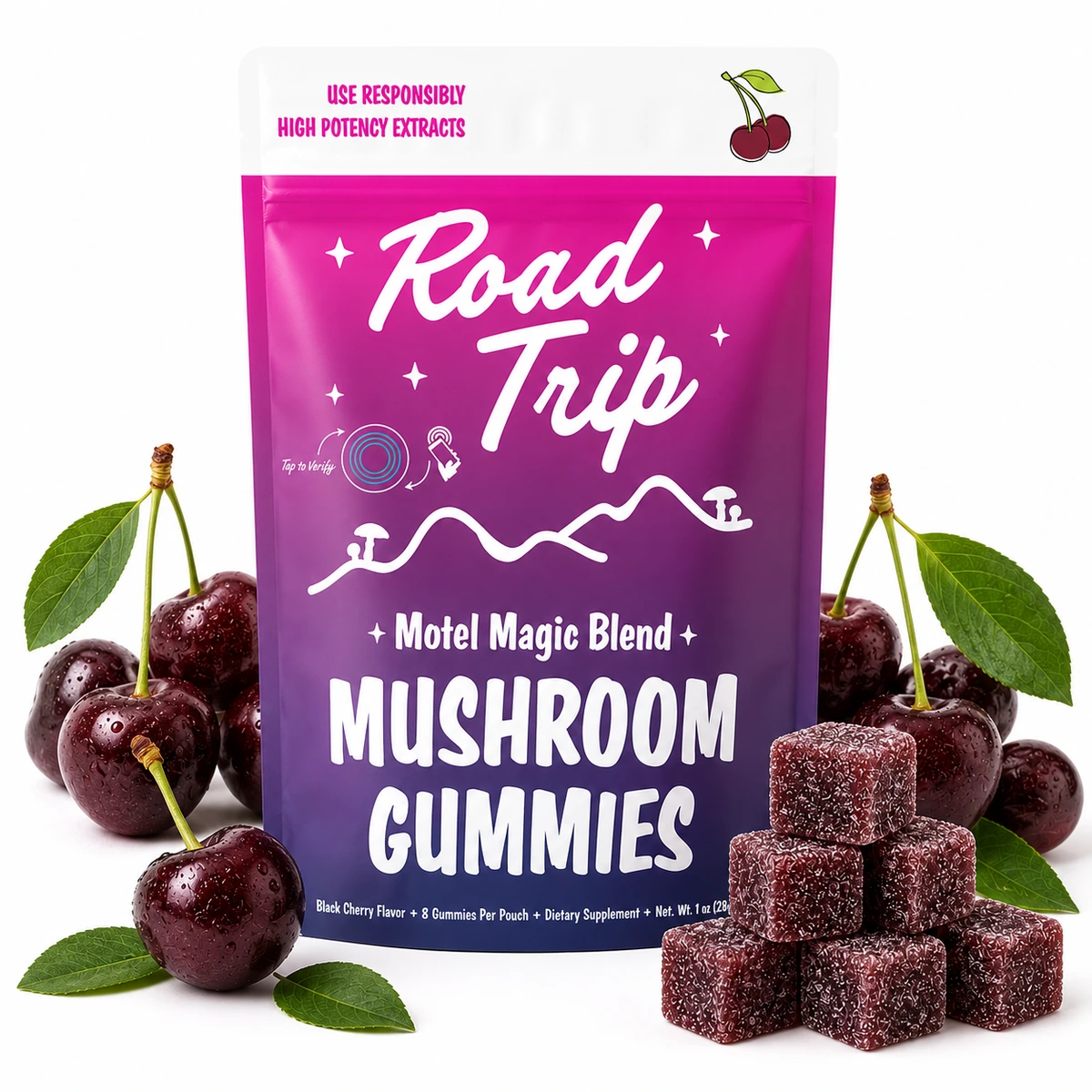 Road Trip Motel Magic Bland Mushroom Gummies — Black Cherry — 8ct